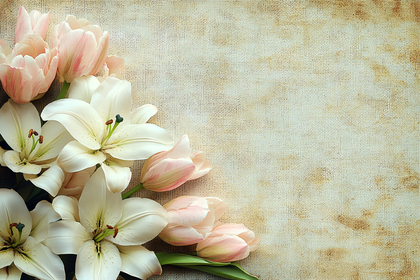 Pink Tulips and Lilies on Rustic Background