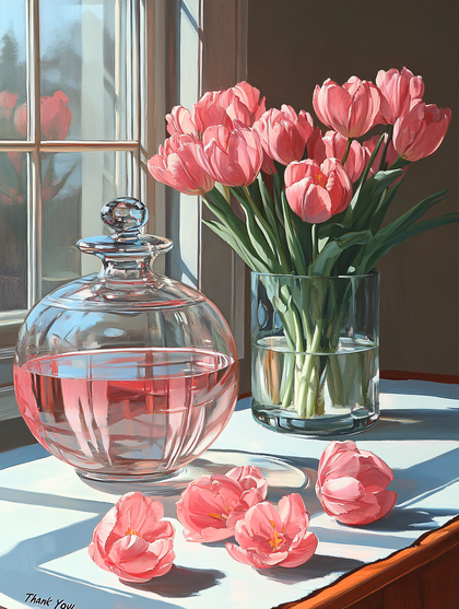 Pink Tulips and Water Decanter