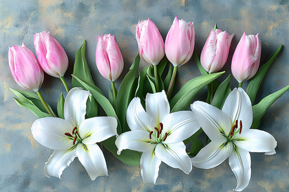 Pink Tulips and White Lilies on Textured Background