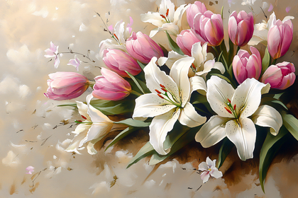 Pink Tulips and White Lilies Still Life