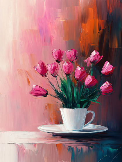 Pink Tulips Bouquet in White Cup Painting