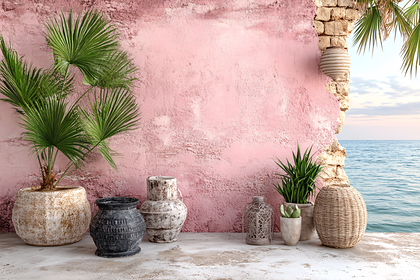 Pink Wall With Plants And Vases