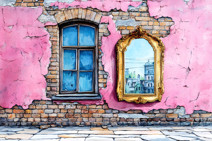 Pink Wall with Window and Ornate Mirror