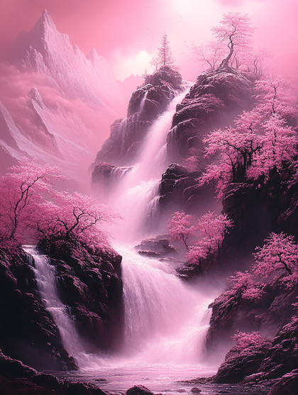 Pink Waterfall Landscape With Cherry Blossoms