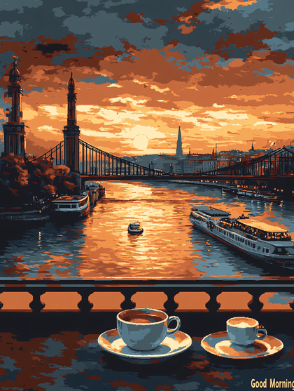 Pixel Art Cityscape with Bridge and Coffee at Sunset