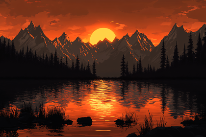 Pixel Sunset Mountain Lake