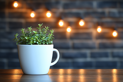 Plant In White Cup On Wooden Table