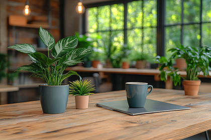 Plants And Coffee On Wooden Table