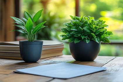 Plants and Papers on Wooden Table