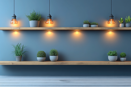 Plants On Wooden Shelves With Hanging Lights