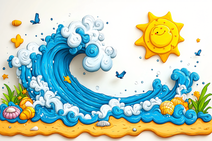 Playful Beach Scene with Wave and Sun