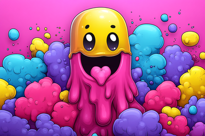 Playful Blob Character with Colorful Clouds