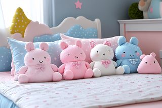Playful Bunny Plush Toys on Bed