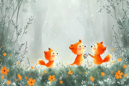 Playful Foxes in Misty Forest