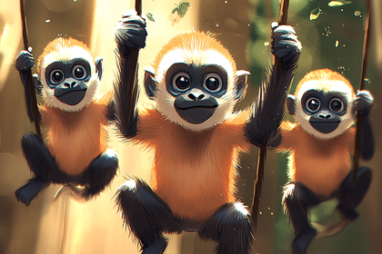 Playful Monkey Trio On Jungle Vines