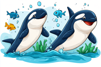 Playful Orcas in Blue Water