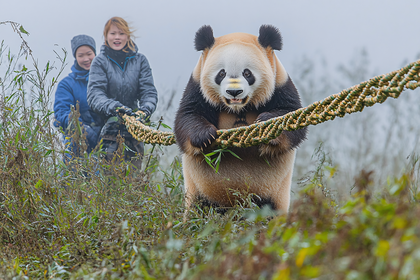 Playful Panda with Bamboo Rope