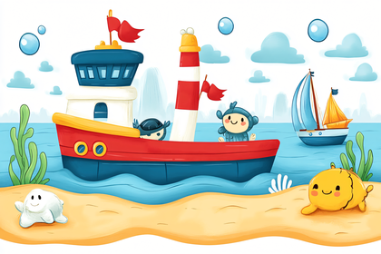 Playful Sea Adventure With Cartoon Boat And Creatures