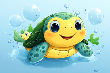 Playful Turtle Family in Bubbles