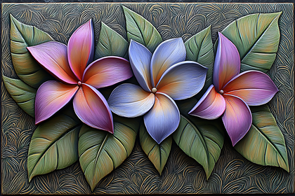 Plumeria Flowers And Leaves Relief Art