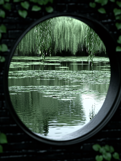 Pond View Through Moon Gate