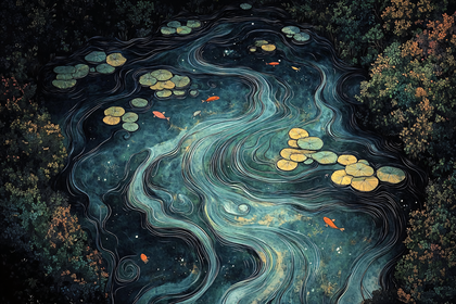 Pond With Lily Pads And Fish