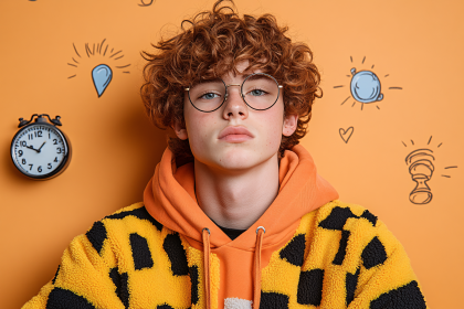 Portrait of a Redhead Teenager with Doodle Background