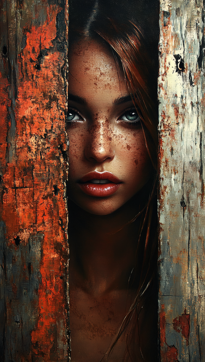 Portrait Of A Woman Peeking Through Wooden Slats