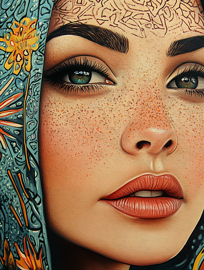 Portrait Of A Woman With Freckles And Head Scarf