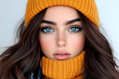 Portrait Of A Woman With Striking Blue Eyes Wearing A Yellow Beanie