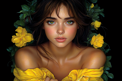 Portrait Of A Young Woman Adorned With Yellow Flowers