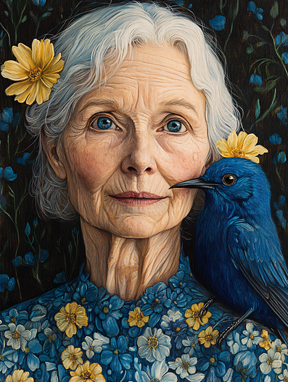 Portrait Of An Elderly Woman With A Bluebird