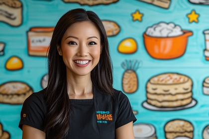 Portrait of Cheerful Asian Woman with Food Background