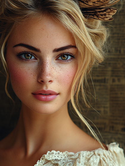 Portrait Of Freckled Woman With Feathered Hair Accessory