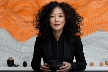 Portrait of Woman Holding Bowl Against Artistic Backdrop
