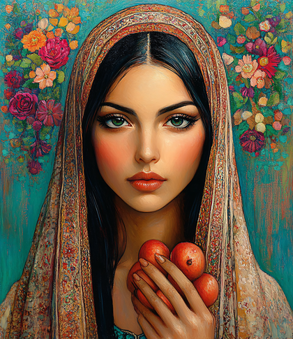 Portrait Of Woman Holding Pomegranates
