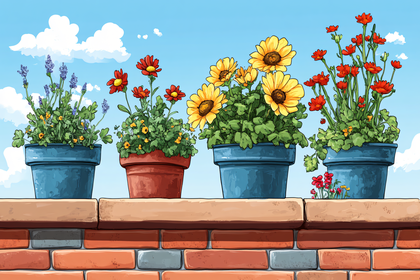 Potted Flowers on Brick Wall