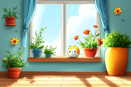 Potted Plants and Bird Character by Window