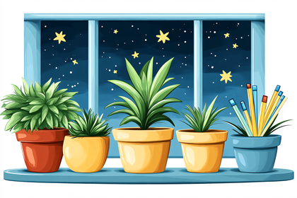 Potted Plants At Night Window