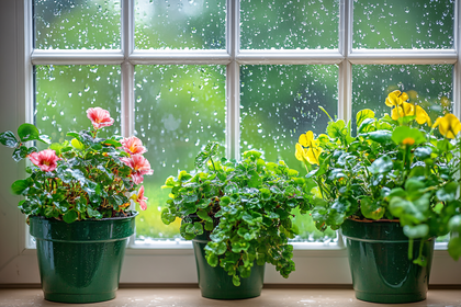 Potted Plants by Rainy Window