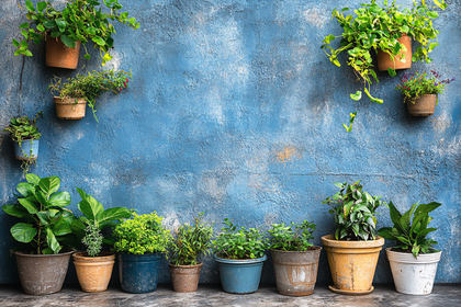 Potted Plants on Rustic Blue Wall