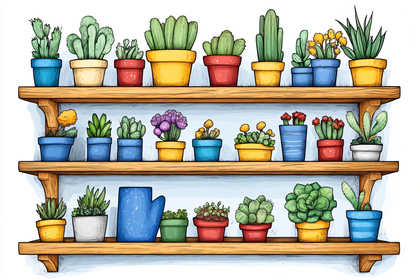 Potted Plants on Wooden Shelves