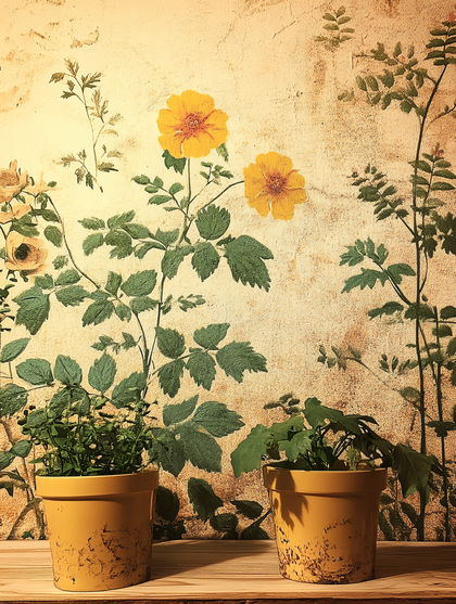 Potted Plants with Floral Wallpaper