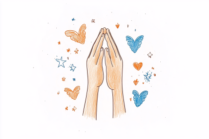 Praying Hands Surrounded by Whimsical Elements