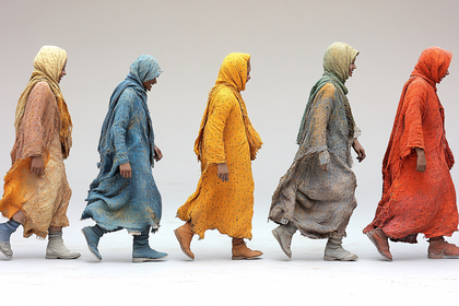 Procession of Figures in Colorful Garments