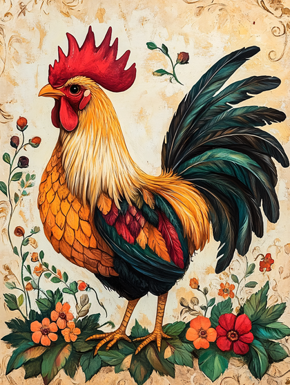 Proud Rooster with Floral Accents