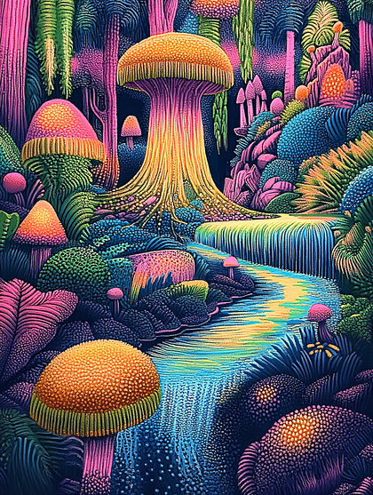 Psychedelic Mushroom Forest Waterfall