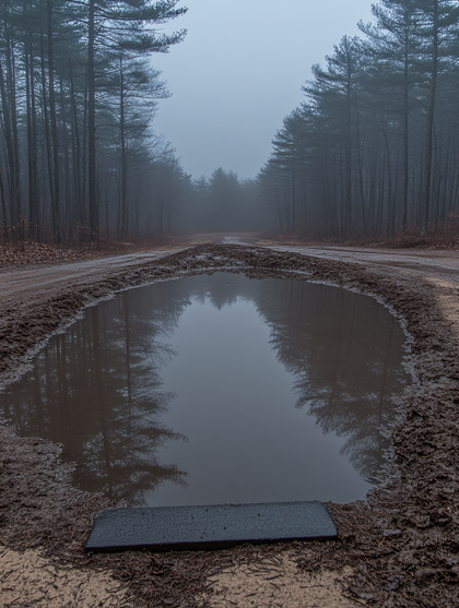 Puddle Reflection on Misty Forest Road
