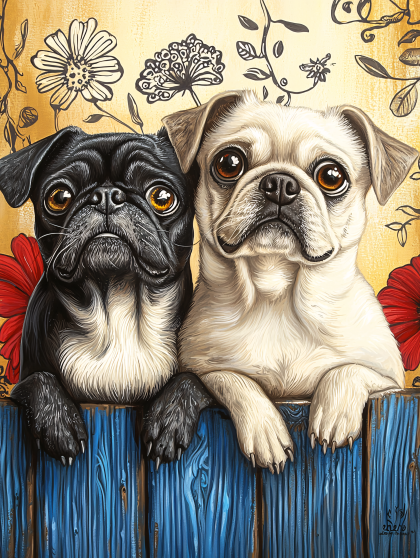 Pug Companions Behind Blue Fence