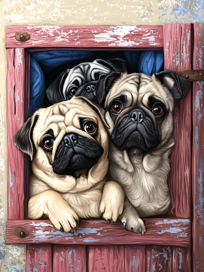 Pug Trio Window Portrait